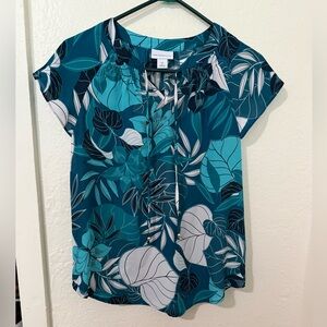 Liz Claiborne Women's Polyester Tropical Different Blues Short Sleeve Blouse XS